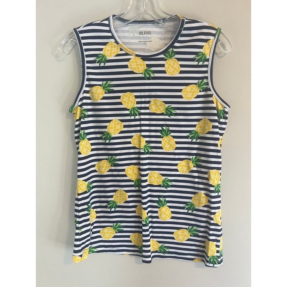 Blair Womens Pineapple Stripe Sleeveless Tank Top Navy White Yellow Small